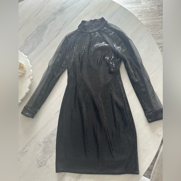 Aidan Mattox black sequin & mesh inset mock-neck long-sleeve mini dress, size XS - Picture 2 of 4
